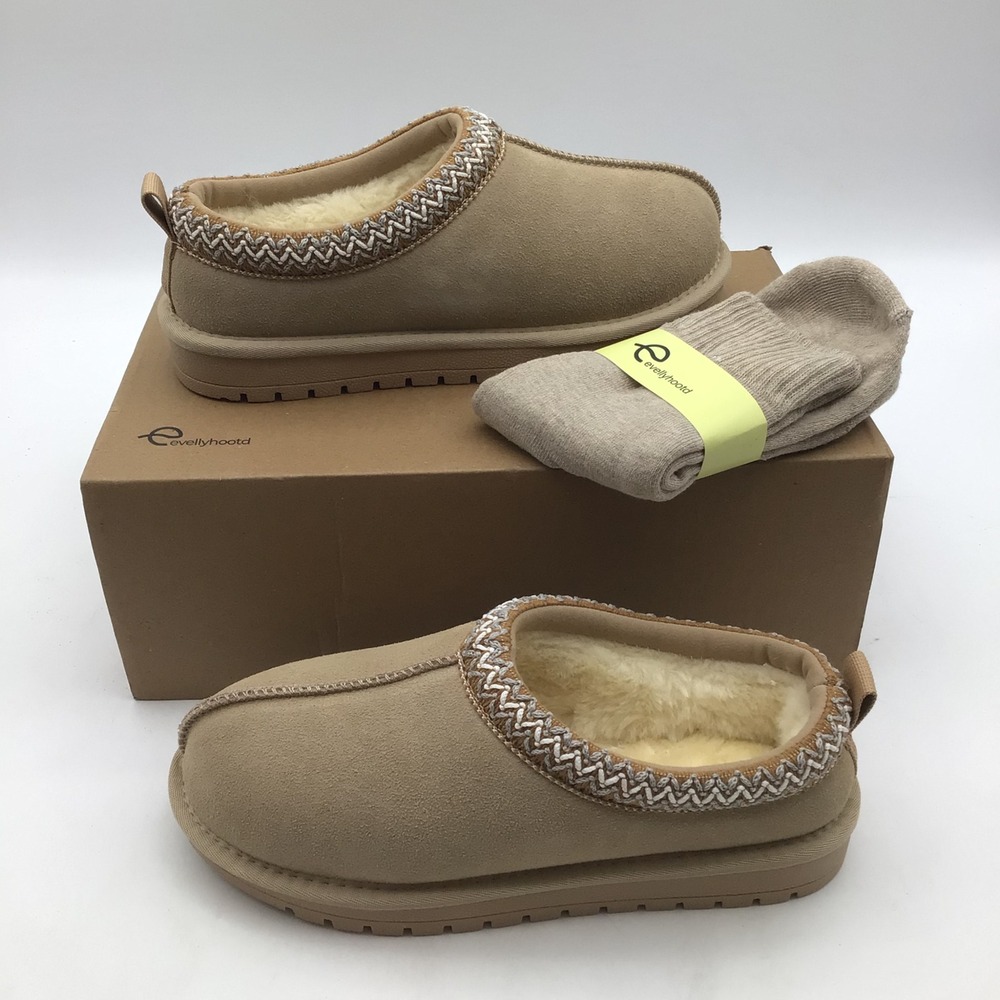 Evellyhootd Suede Shearling Lined Clog Slippers Beige Women Size‎ US 6.5 - 7 NEW